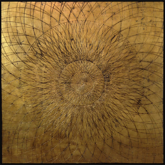 Tanya Bonello, Movement of spheres 1000x1000mm, gypsum, gold leaf and oil on board, 2015